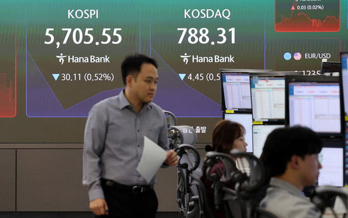 코스피 차익실현 매물에 5700 공방… 코스닥은 1%대 하락